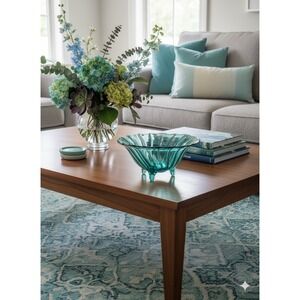 Vintage Jeanette Glass Ultramarine Swirl Turquoise 3-Toed Open Candy Dish